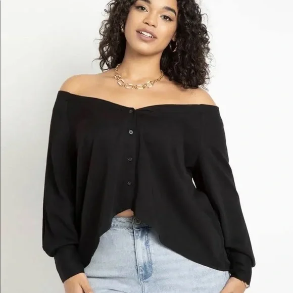 NEW Eloquii Off The Shoulder Button Down Top Size 20 2X Black NWT Blouse - Picture 1 of 4